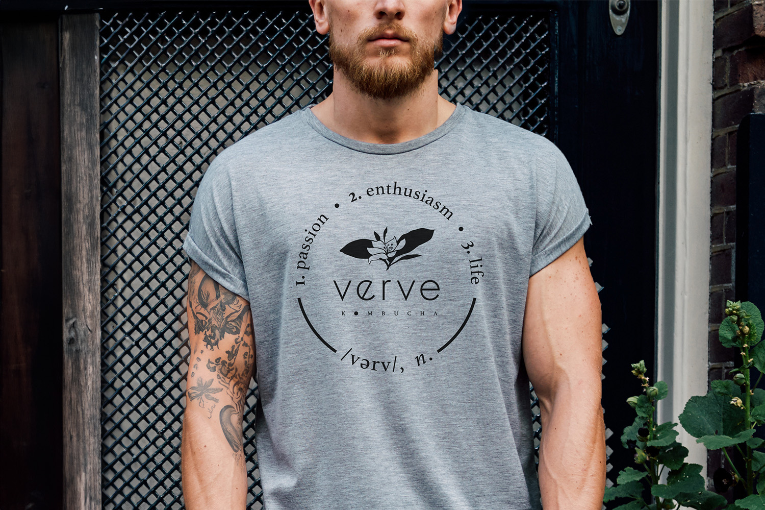 Man wearing Verve Kombucha shirt